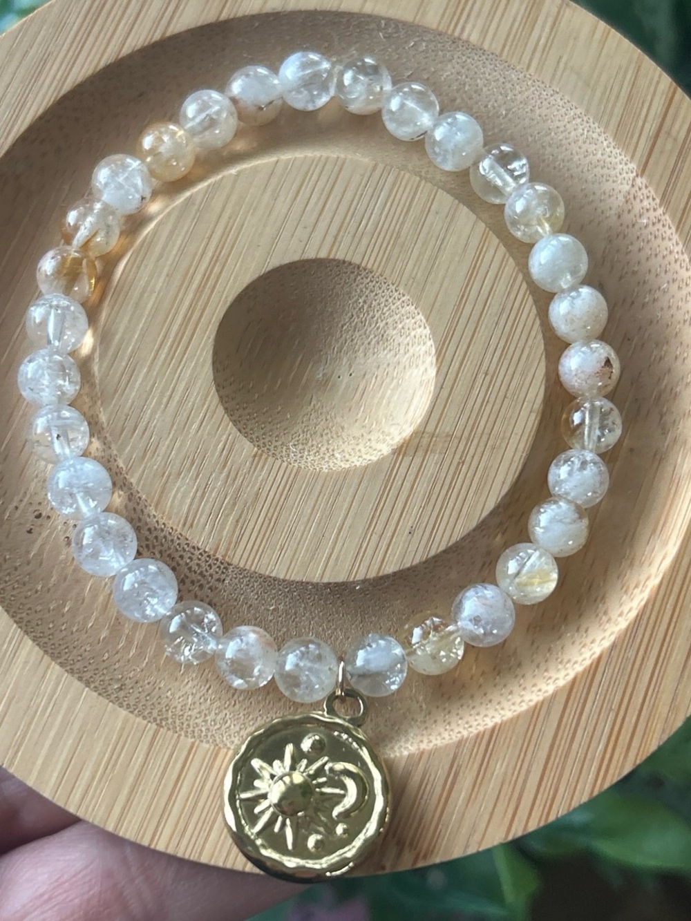 Citrine Beaded Stretch Bracelet with Gold Sun Charm